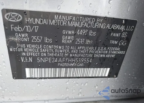 2017 Hyundai Sonata Se z USA, uszkodzony, nr VIN 5NPE24AF7HH559554